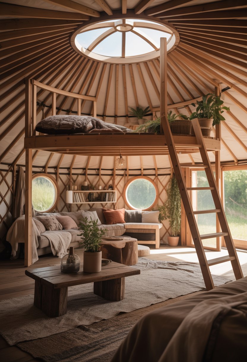 Interior of a yurt with a wooden loft area, cozy seating, plants, and natural light coming through circular windows.