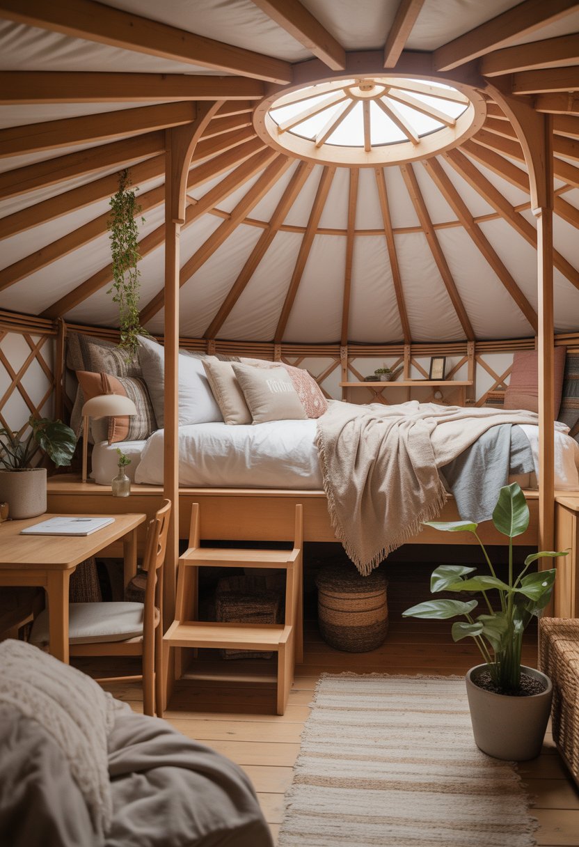 Interior view of a bright yurt loft with a cozy sleeping area, wooden beams, natural light, storage shelves, and a small seating nook.