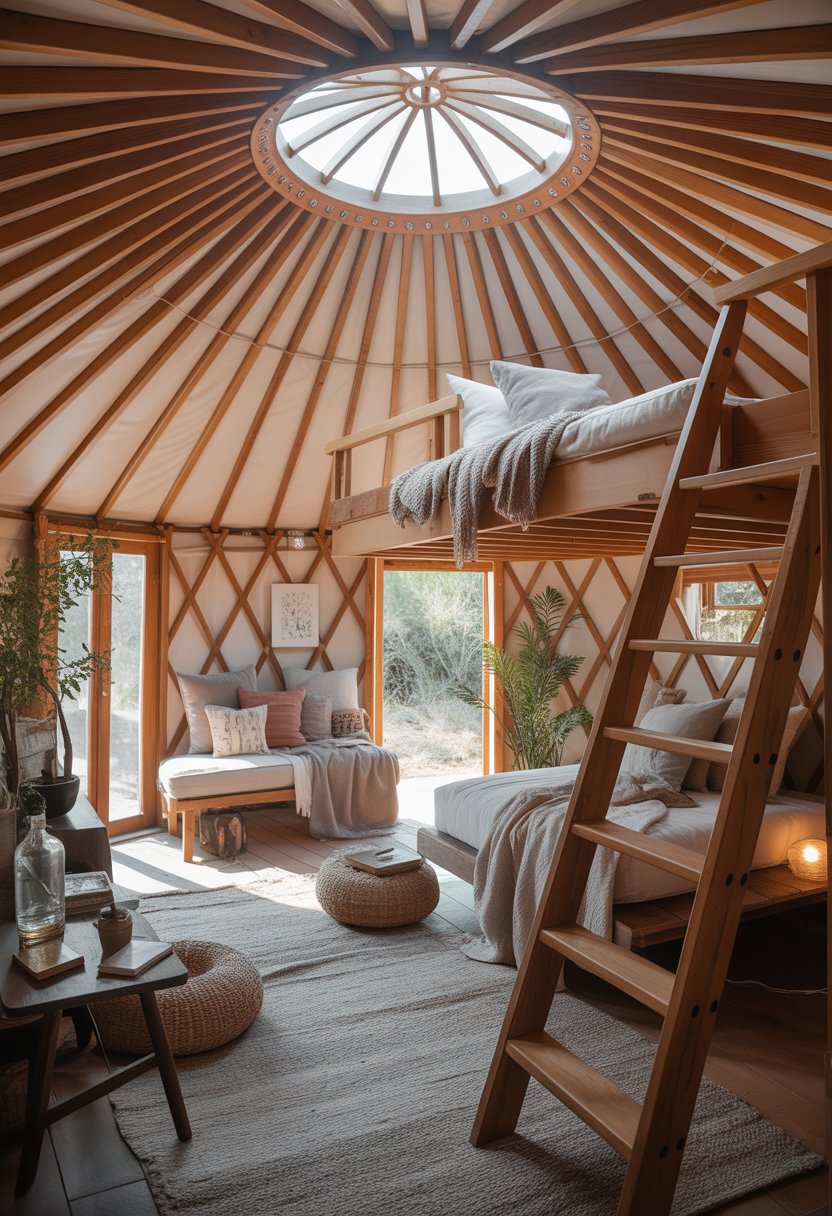 Interior of a cozy yurt showing a wooden loft with a ladder, comfortable bedding, and warm natural light filling the space.