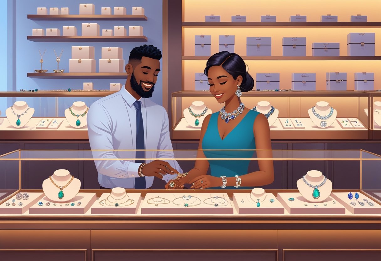 A jewelry store interior with a salesperson helping a customer examine jewelry pieces displayed in glass cases.