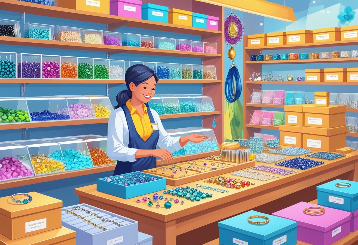 A jewelry-making supplies store with shelves and tables filled with beads, gemstones, and tools, showing a salesperson helping a customer choose materials.