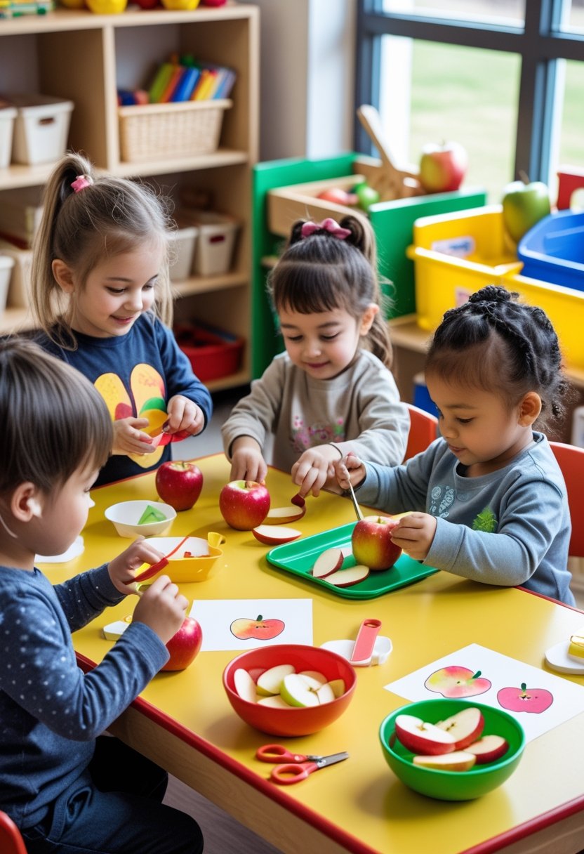 Preschool children engaged in apple-themed activities around a table in a bright classroom.