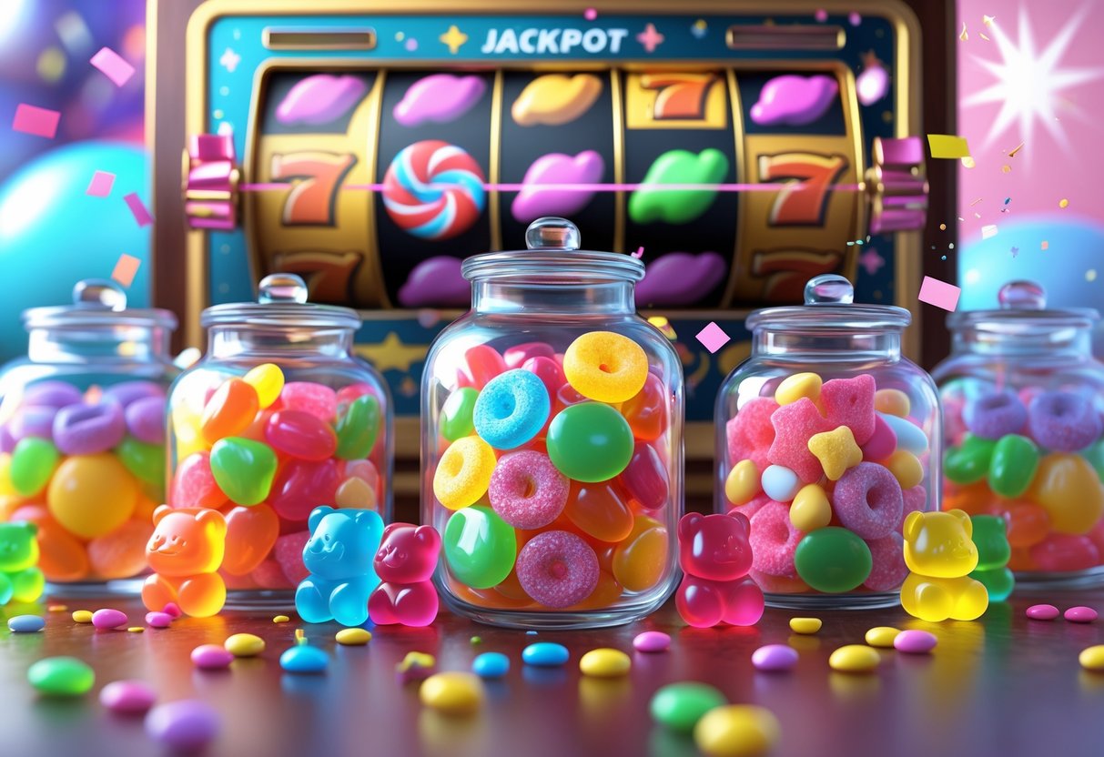 Beberapa toples kaca berisi permen warna-warni di atas meja dengan latar belakang mesin slot bergambar simbol permen yang menunjukkan kemenangan jackpot.
