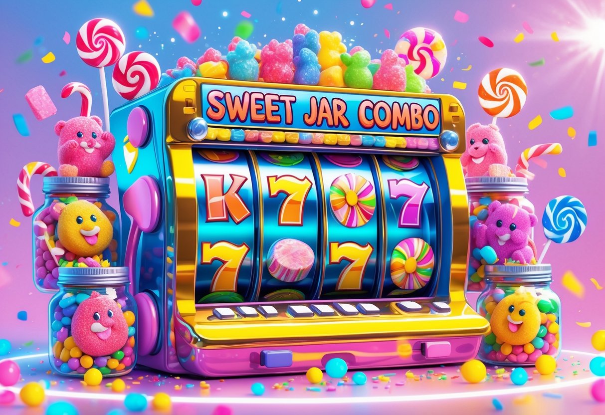 Ilustrasi mesin slot berwarna cerah dengan toples berisi permen dan karakter permen yang merayakan kemenangan jackpot.