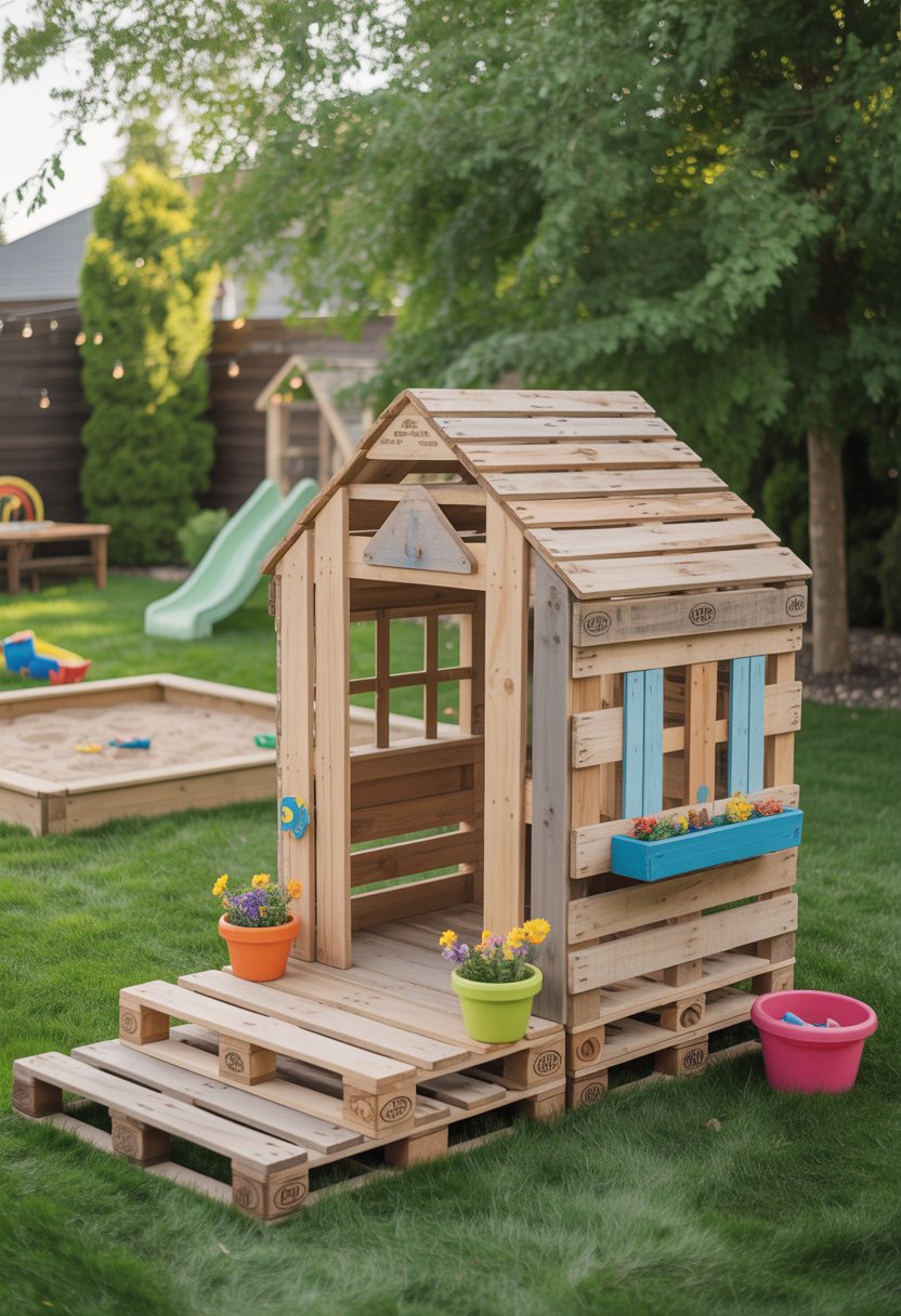 A backyard with a wooden pallet playhouse surrounded by grass, trees, and children's play items.