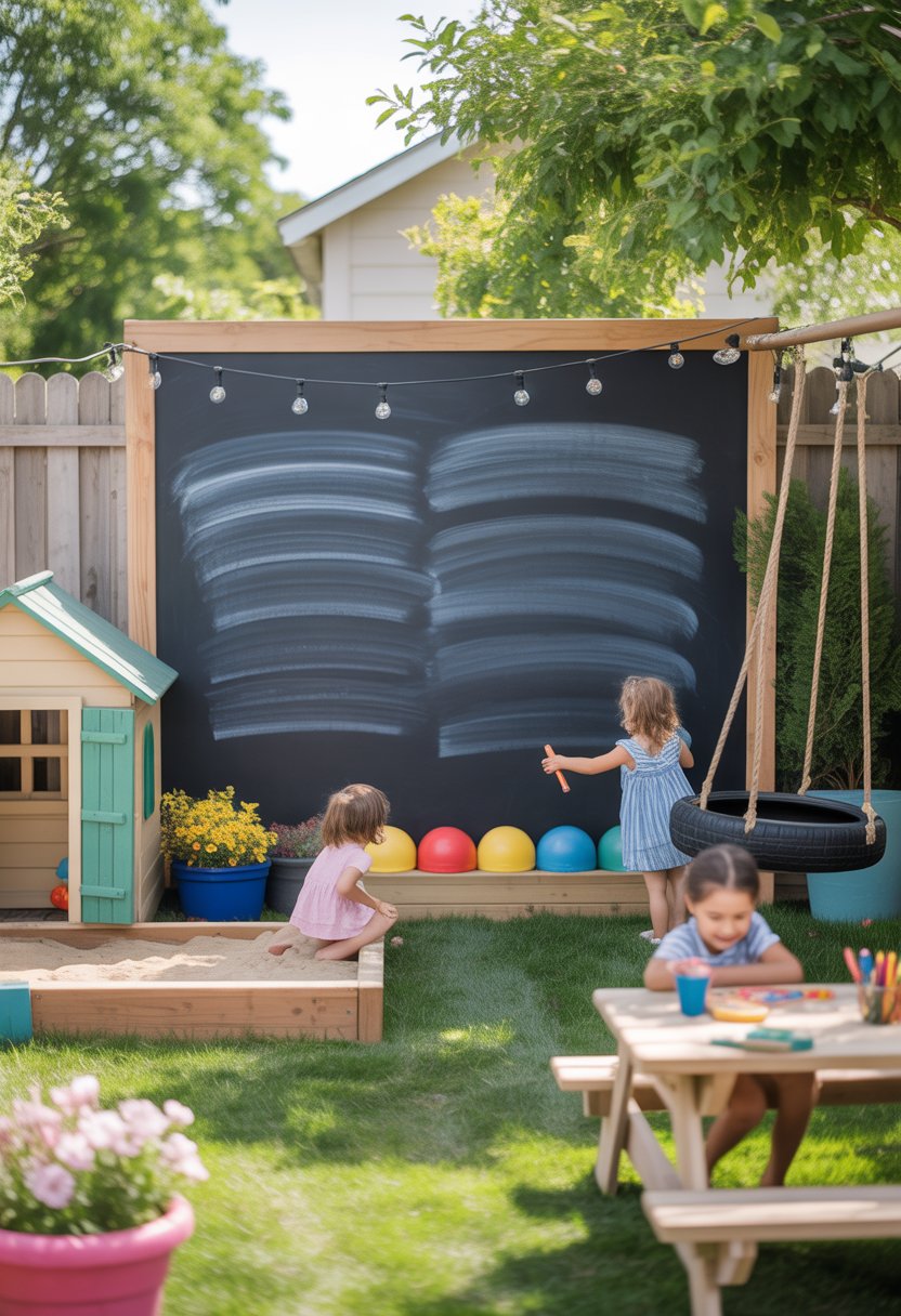 A backyard with a large chalkboard wall surrounded by kid-friendly play areas including a playhouse, sandbox, tire swing, and picnic table with children playing nearby.