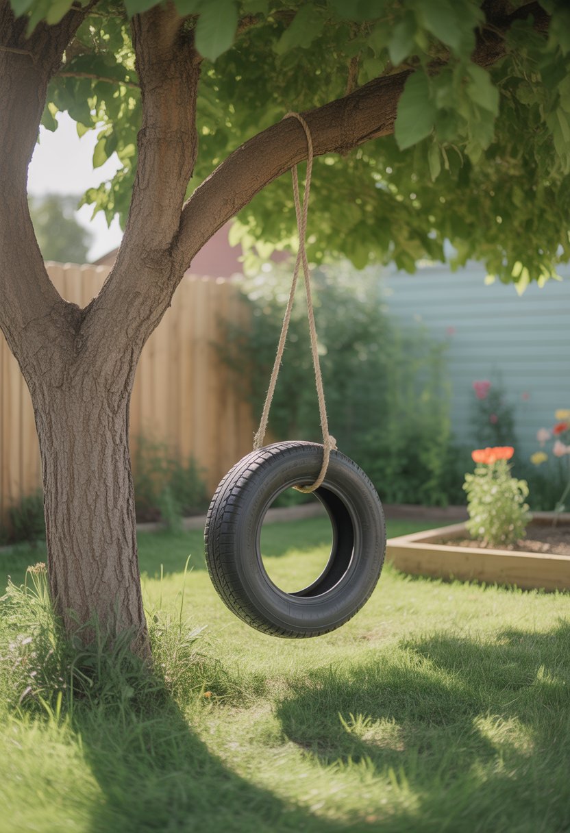 A backyard with a sturdy tree and a tire swing hanging from its branch over green grass.