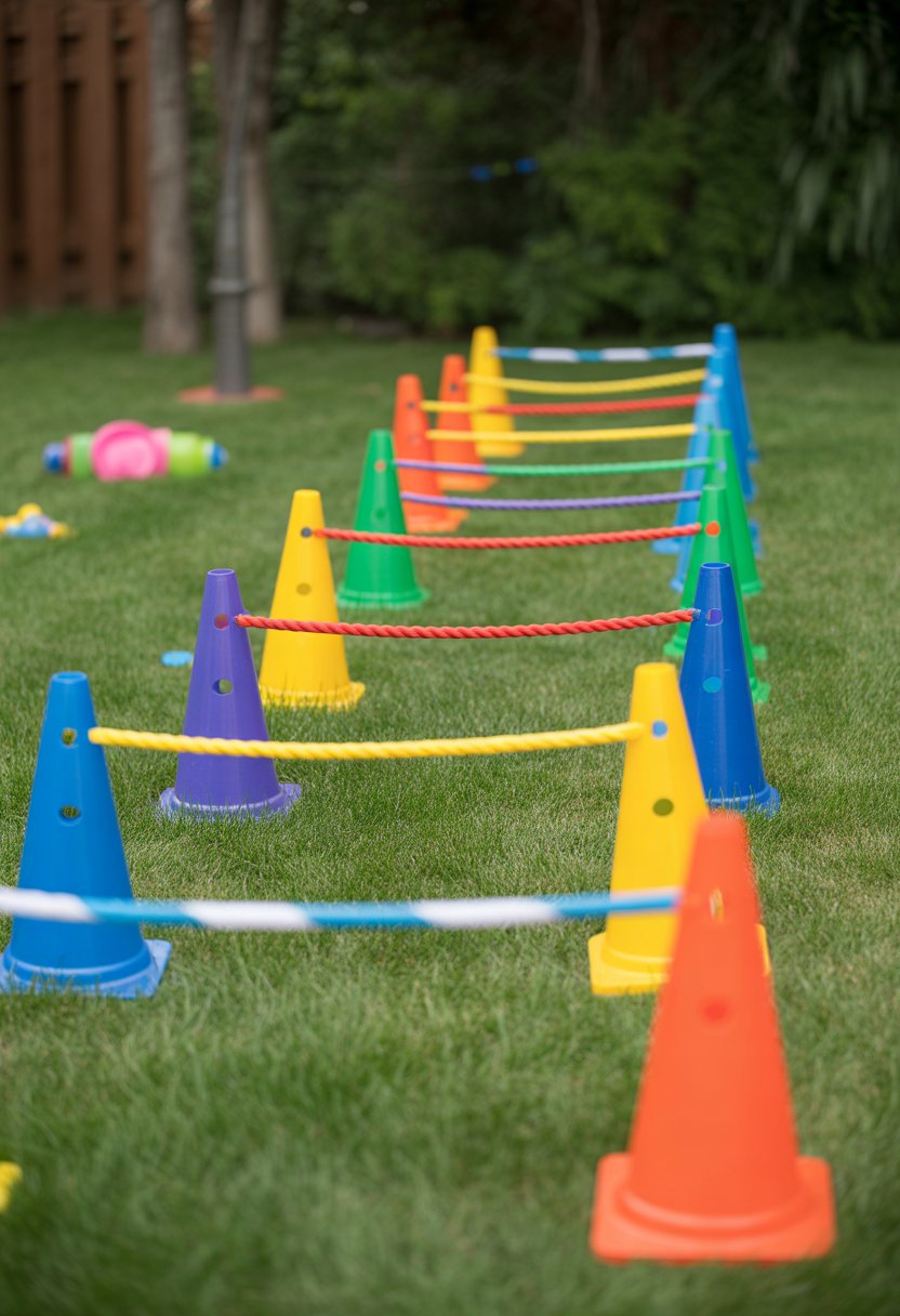 A backyard with a DIY obstacle course made of colorful cones and ropes arranged on green grass.