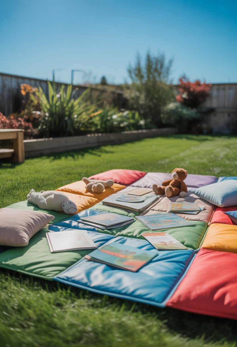 A large colorful picnic blanket spread on a green backyard lawn with children's books and cushions arranged for storytime.
