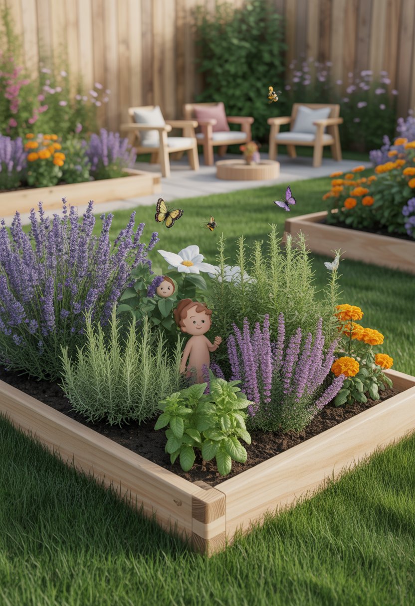 A sunny backyard with a sensory garden of fragrant herbs and colorful flowers, including pathways and child-friendly garden features.