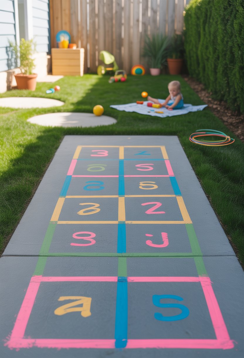 A colorful hopscotch grid painted on a backyard sidewalk surrounded by grass, toys, and a wooden fence.