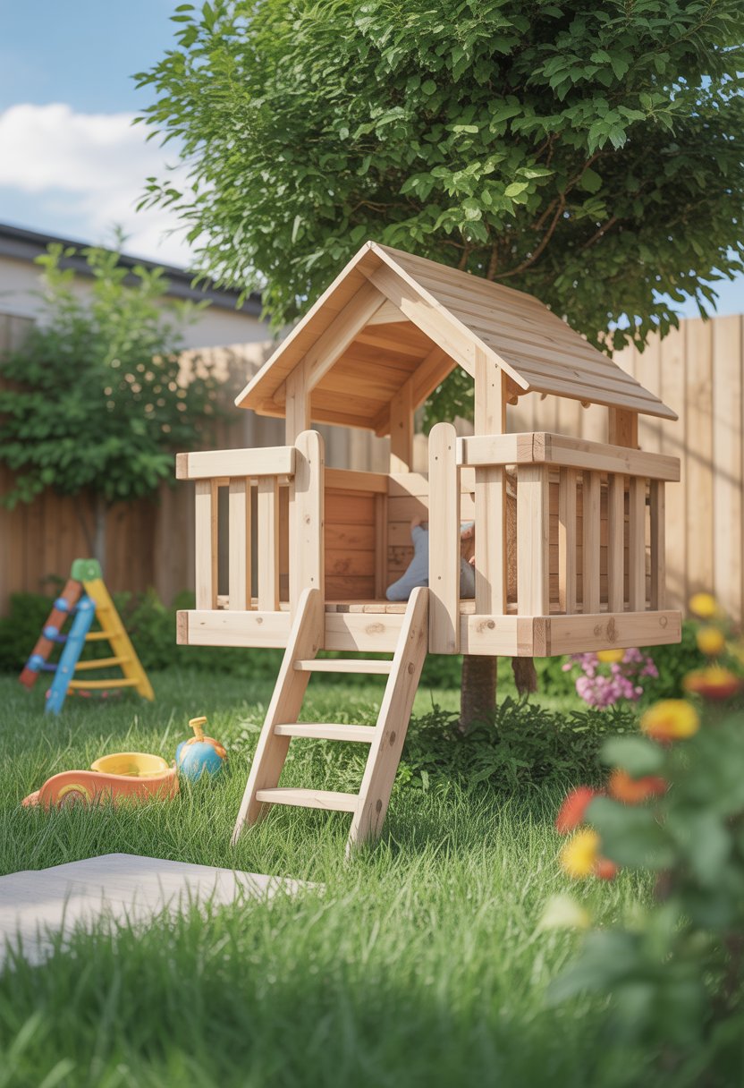 A mini wooden treehouse with a ladder in a green backyard surrounded by grass, flowers, and toys.