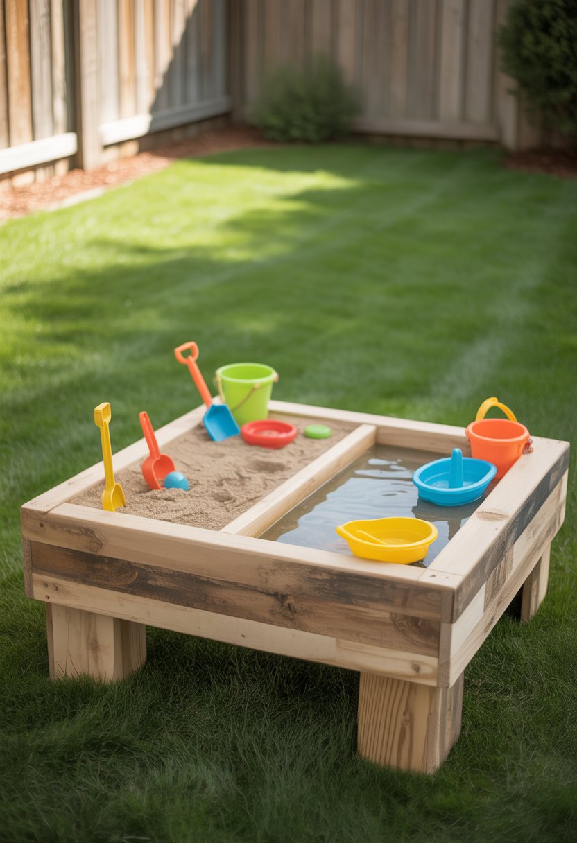A wooden sand and water table made from reclaimed wood set outdoors in a backyard with sand, water, and children's toys on and around it.