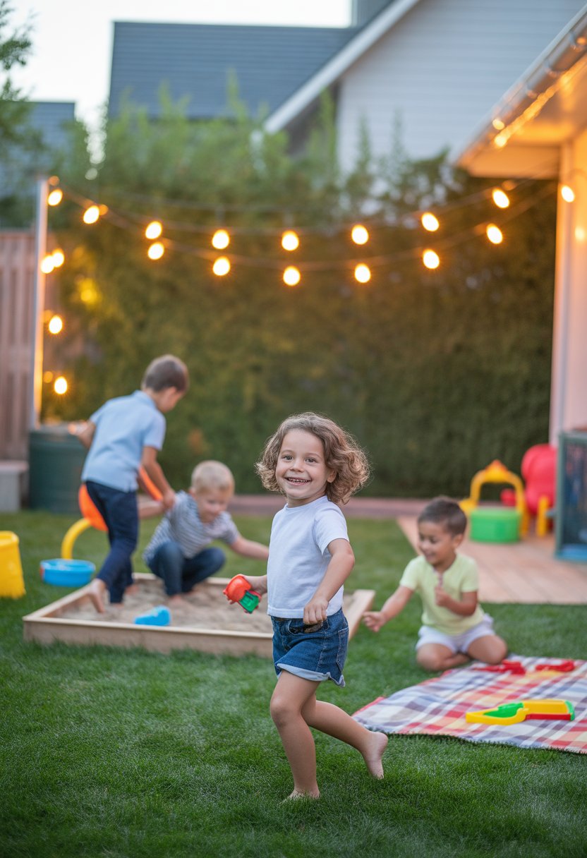 Children playing in a backyard under warm string lights in the early evening with outdoor toys and a picnic blanket.