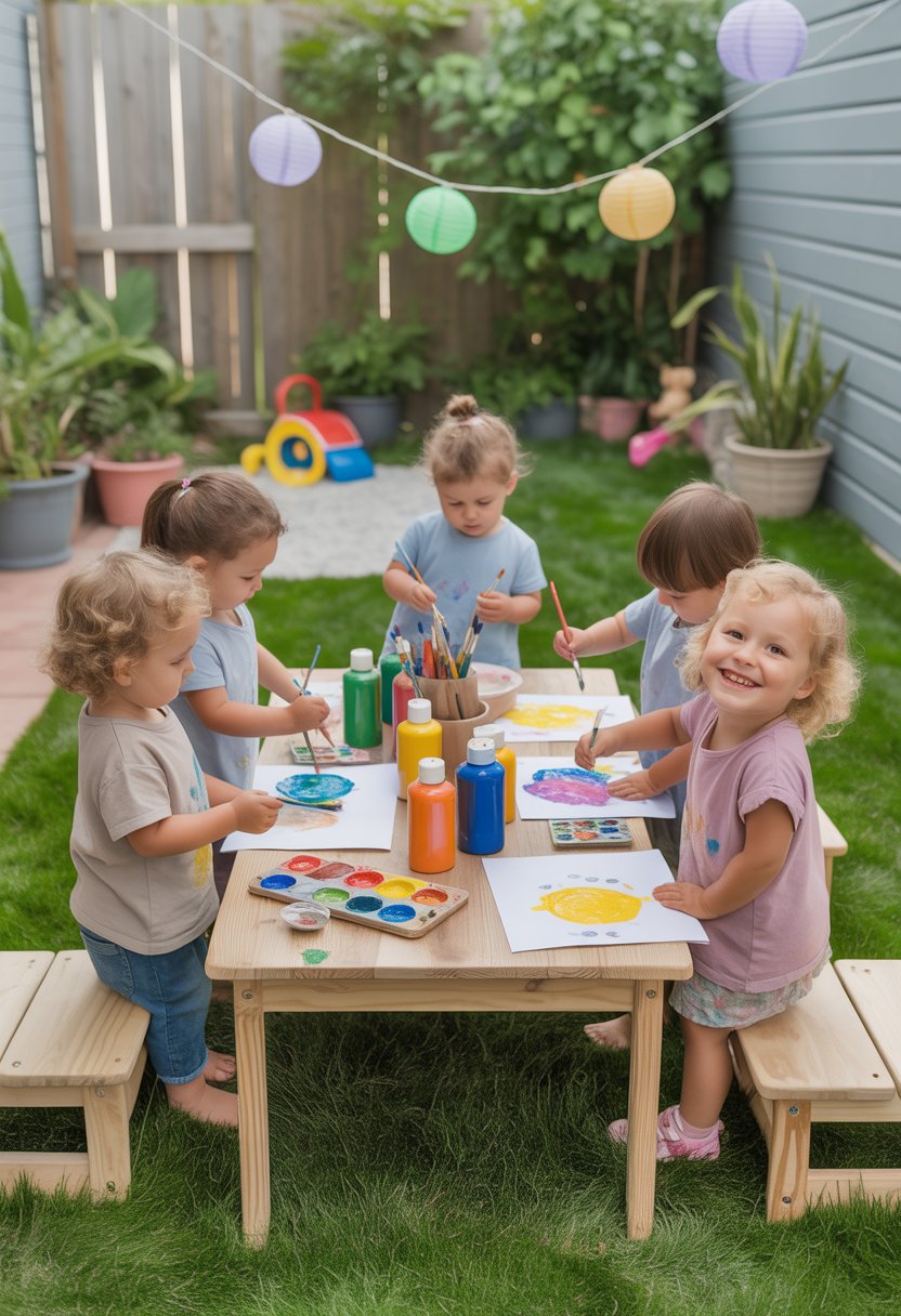 Children painting and crafting at a small outdoor art table in a backyard surrounded by grass and plants.