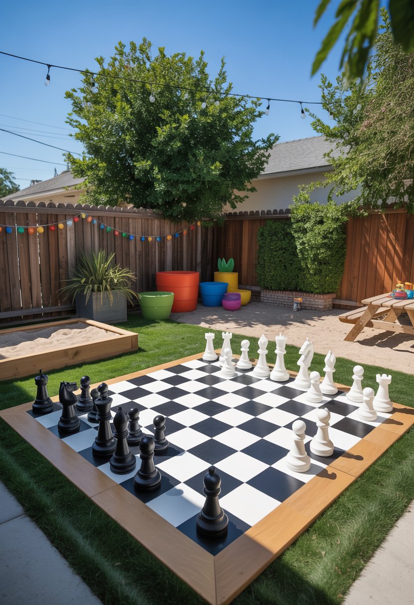 A backyard with a large outdoor chess or checkers board on the grass surrounded by children's play areas and greenery.