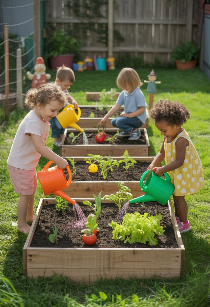 Children gardening in raised wooden beds in a backyard, planting and watering vegetable plants.