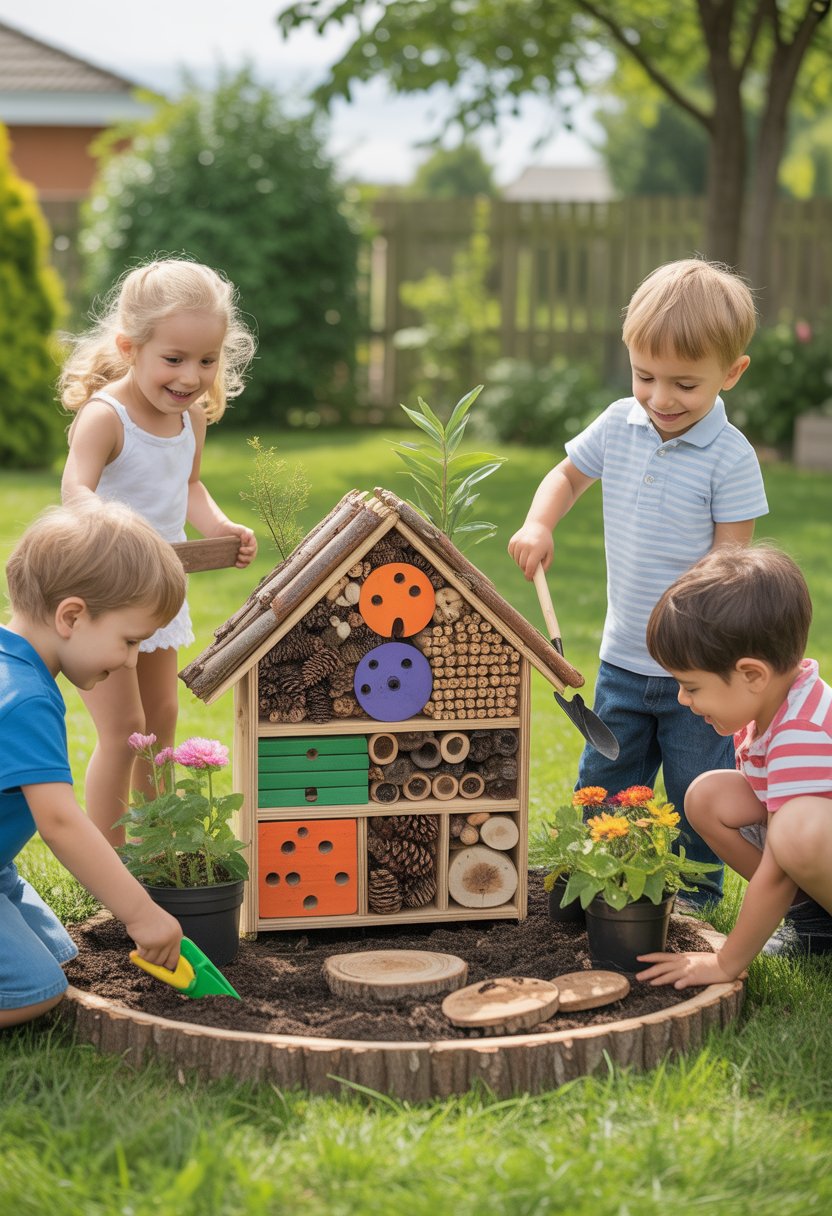 Children playing and exploring around a handmade bug hotel made of natural materials in a backyard garden.