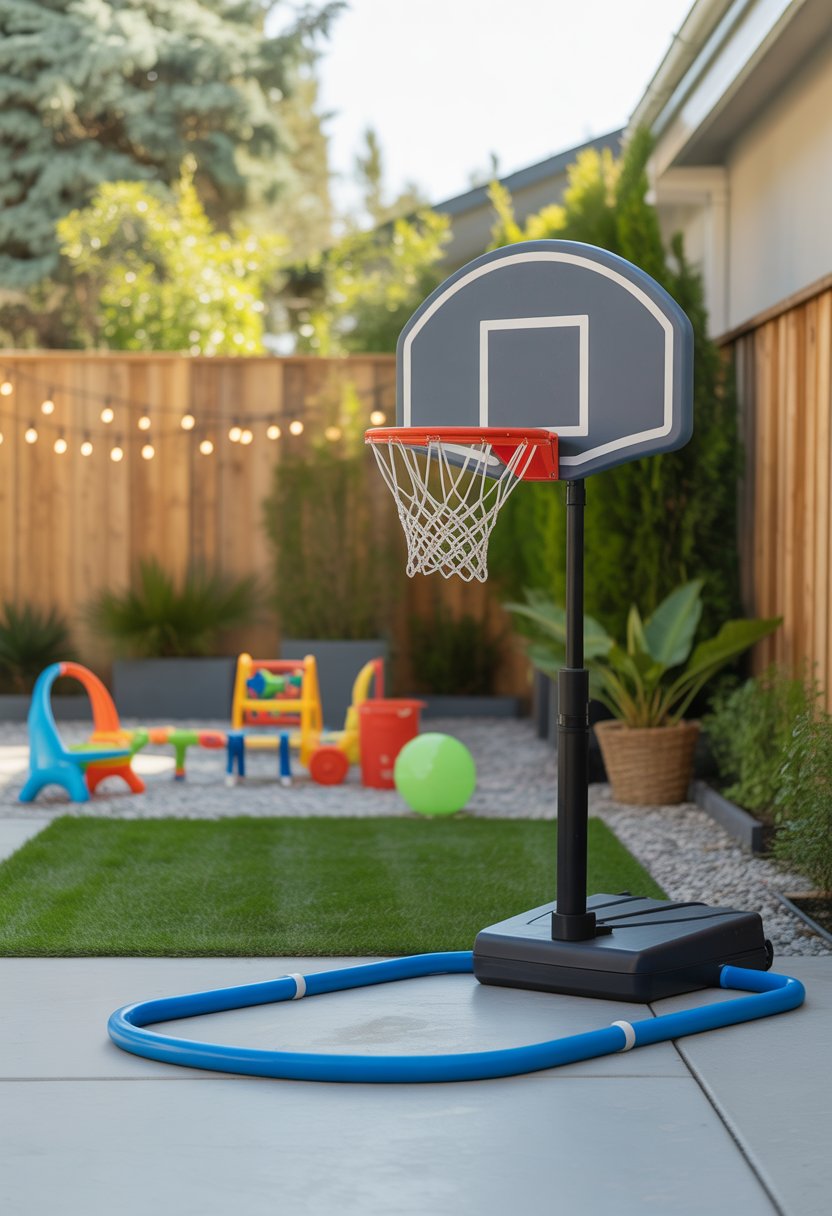 A backyard with a portable basketball hoop set up for children, surrounded by outdoor toys and plants.