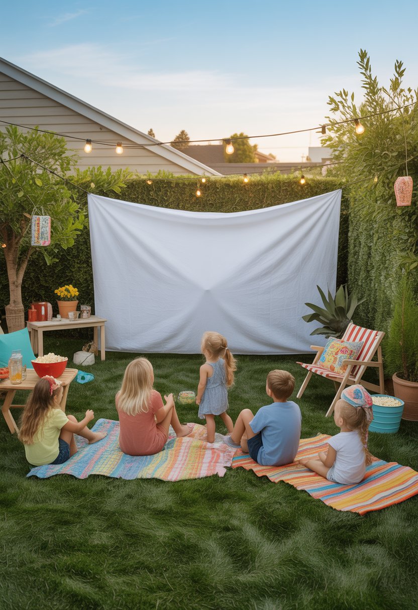 A backyard with a white sheet hung between trees as a movie screen, children and adults sitting on blankets and chairs watching a movie outdoors.