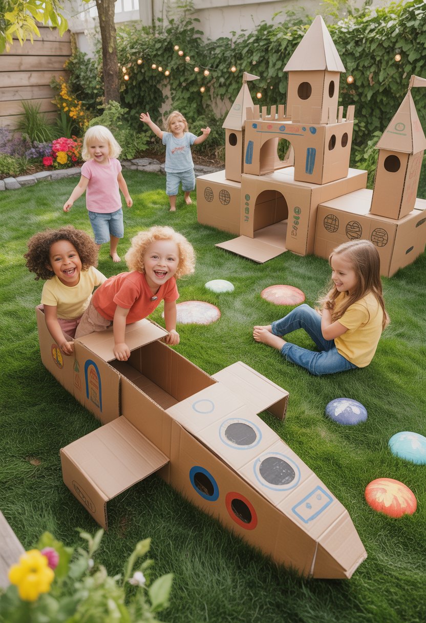 Children playing in a backyard with a large cardboard castle and spaceship made from recycled boxes surrounded by grass and flowers.