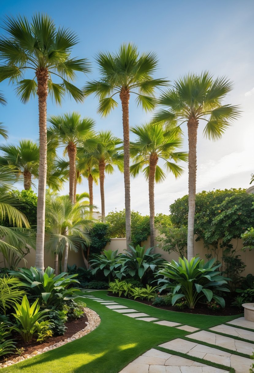 A tropical backyard with tall palm trees grouped together, surrounded by green plants and stone pathways under a clear blue sky.