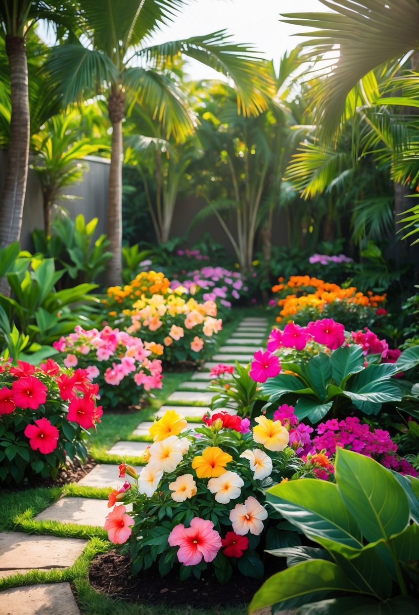 A tropical backyard garden with colorful hibiscus flower beds surrounded by lush green plants and stone pathways.