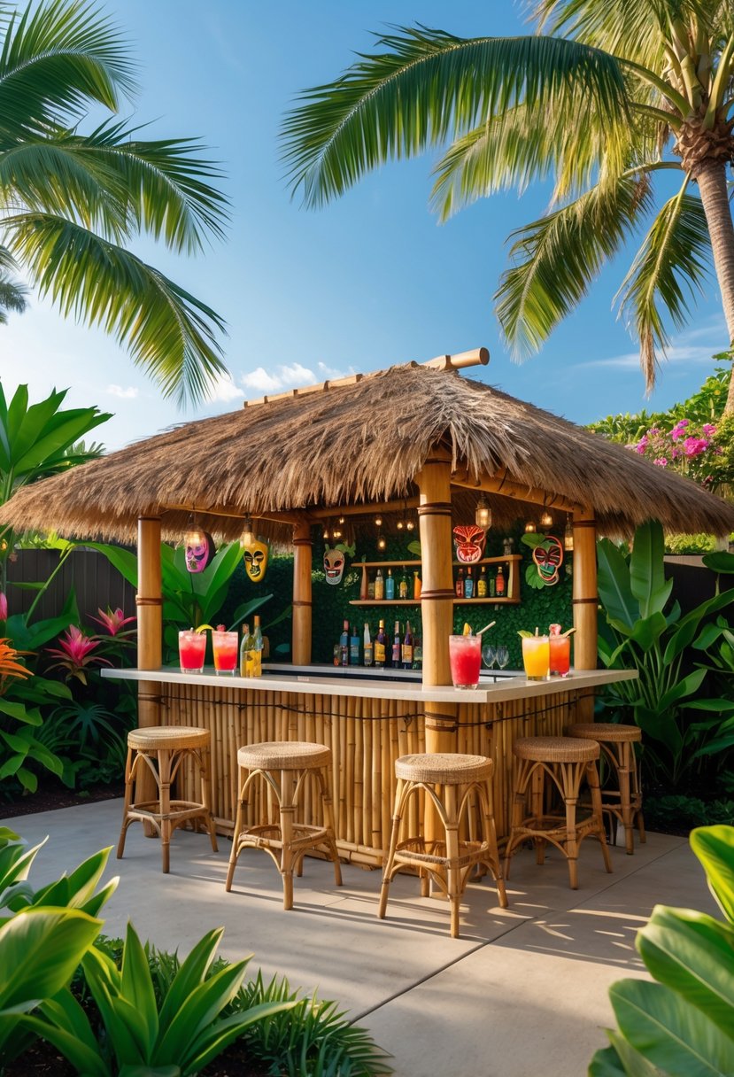 A tropical backyard with a bamboo tiki bar surrounded by lush plants and palm trees, featuring wooden stools and colorful drinks.