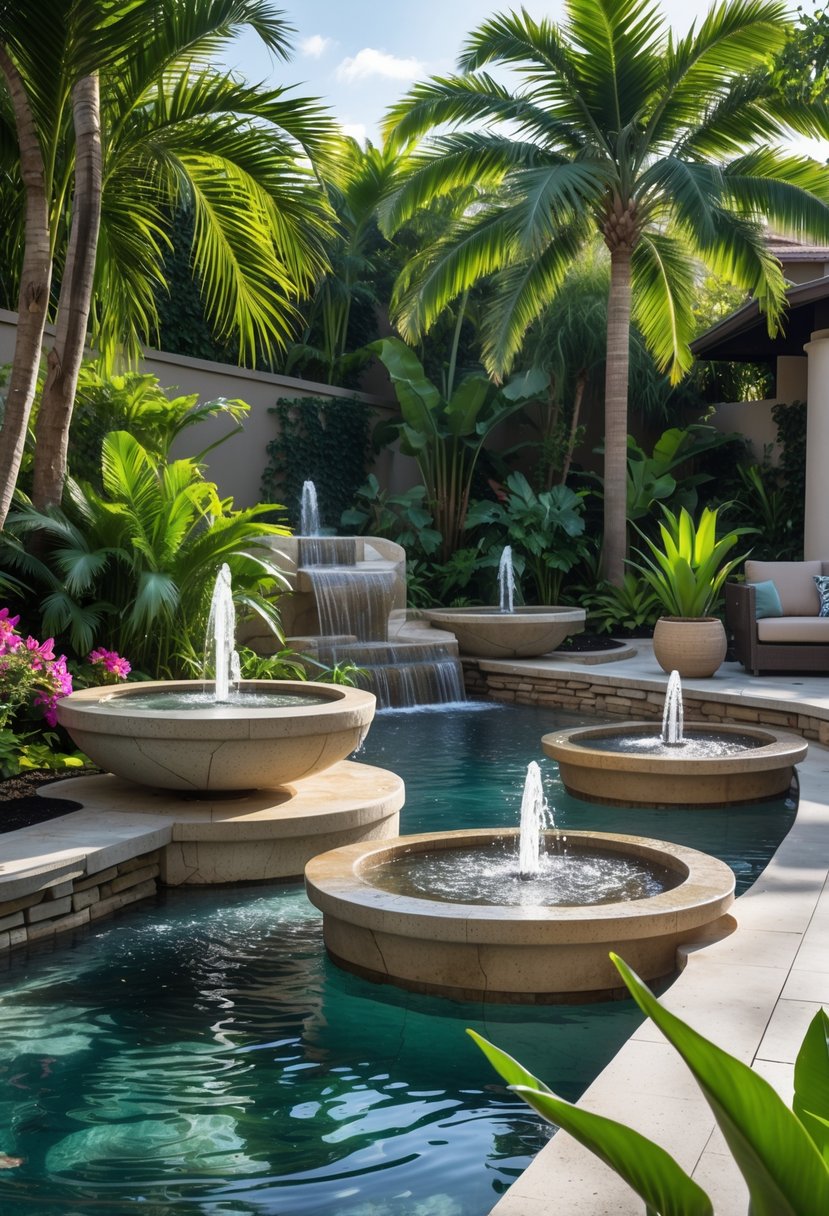 A tropical backyard with lush greenery, stone pathways, and multiple water fountains flowing into clear pools surrounded by plants.