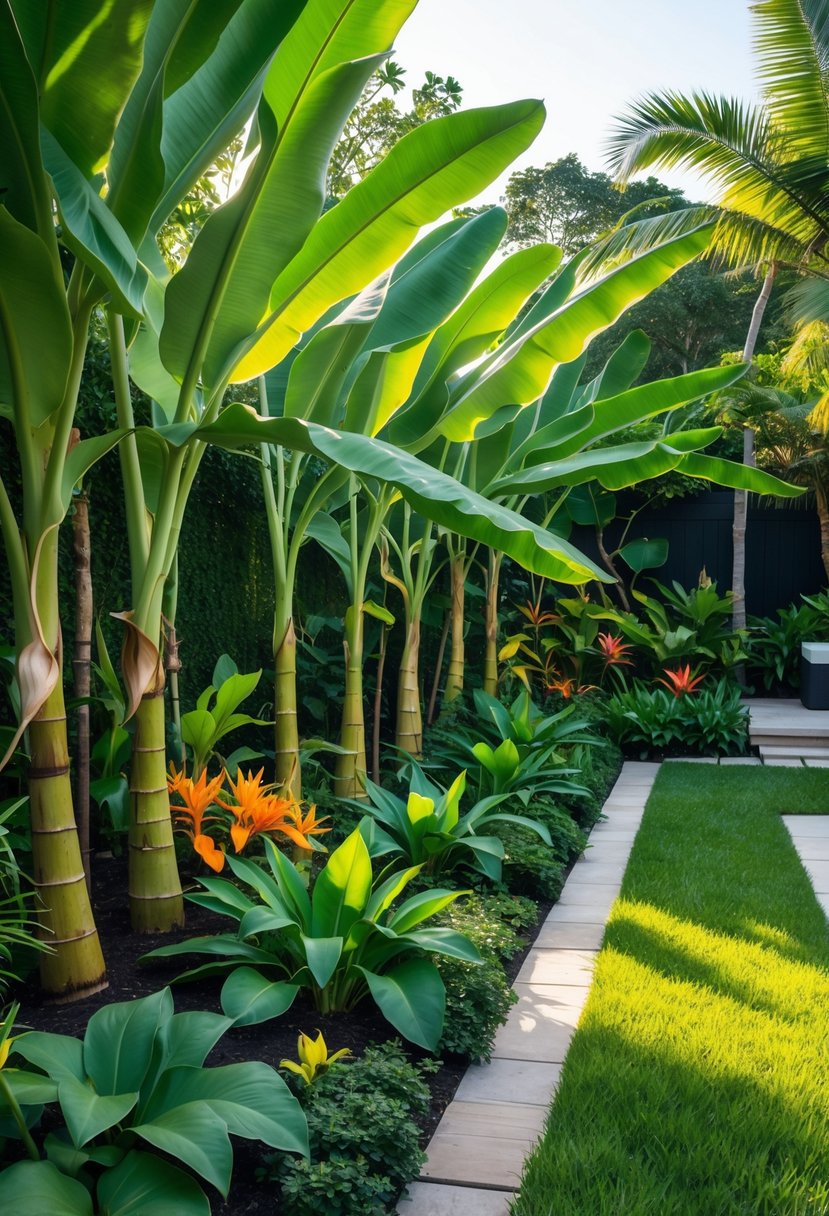 A tropical backyard with banana plants forming natural borders along garden paths and green lawn.