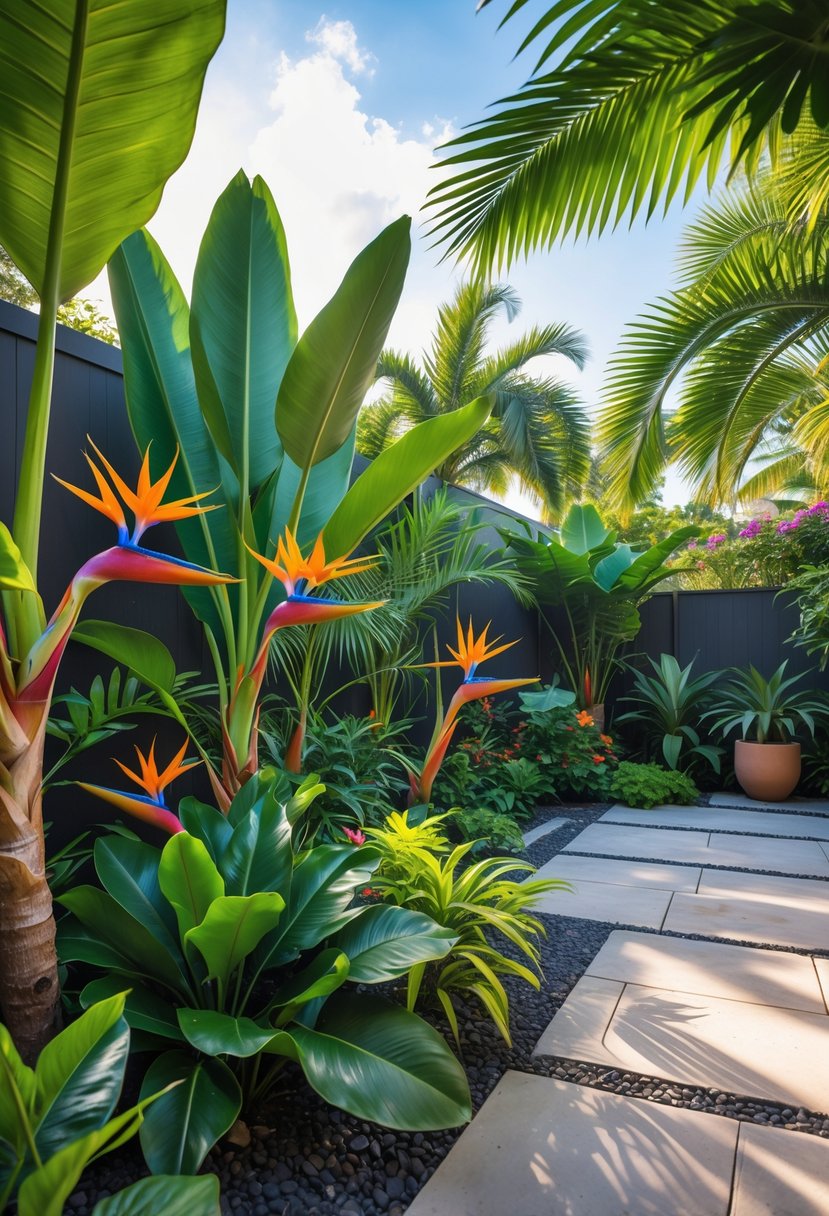 A tropical backyard with several Bird of Paradise plants surrounded by other lush greenery and a stone patio.