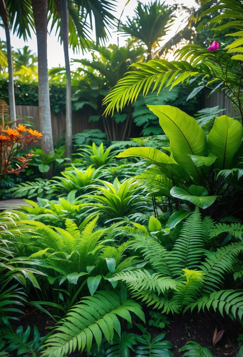 A tropical backyard with dense green ferns covering the ground beneath tall palm trees and other tropical plants.