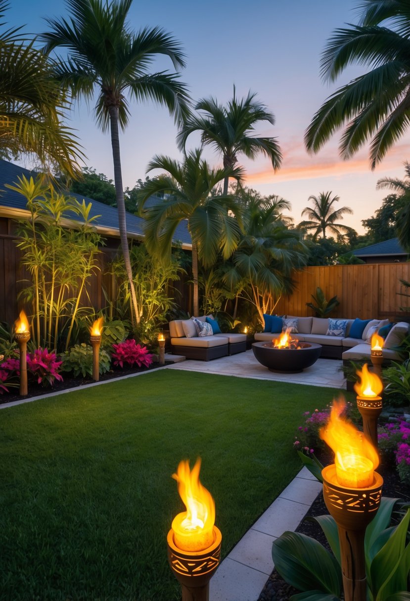 A tropical backyard with tiki torches lit among palm trees, flowering plants, and outdoor seating under a clear evening sky.