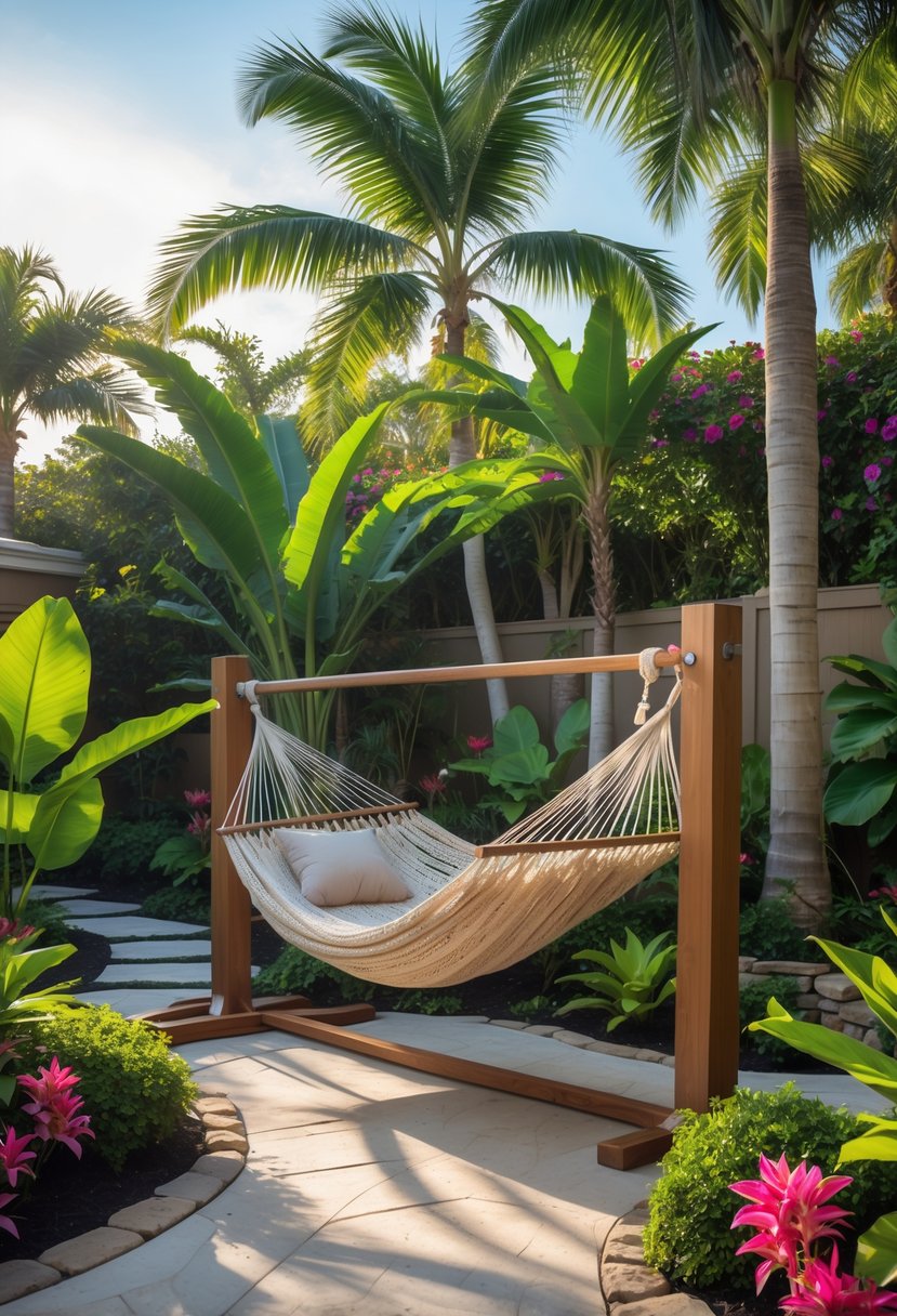 A spacious wraparound hammock in a tropical backyard surrounded by palm trees, colorful plants, and stone pathways.
