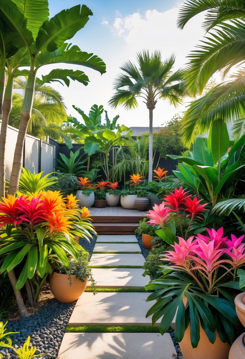 A tropical backyard with various ornamental ginger plants and other lush greenery arranged in a vibrant garden setting.