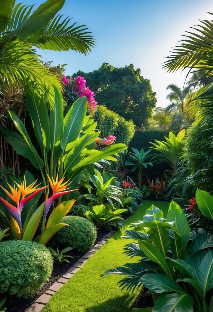 A backyard garden filled with a variety of tropical plants and shrubs under a clear sky.