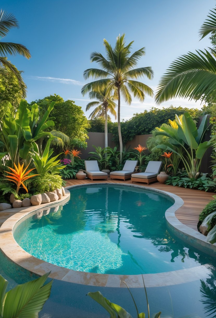 A crescent-shaped lagoon pool surrounded by tropical plants and palm trees in a backyard.