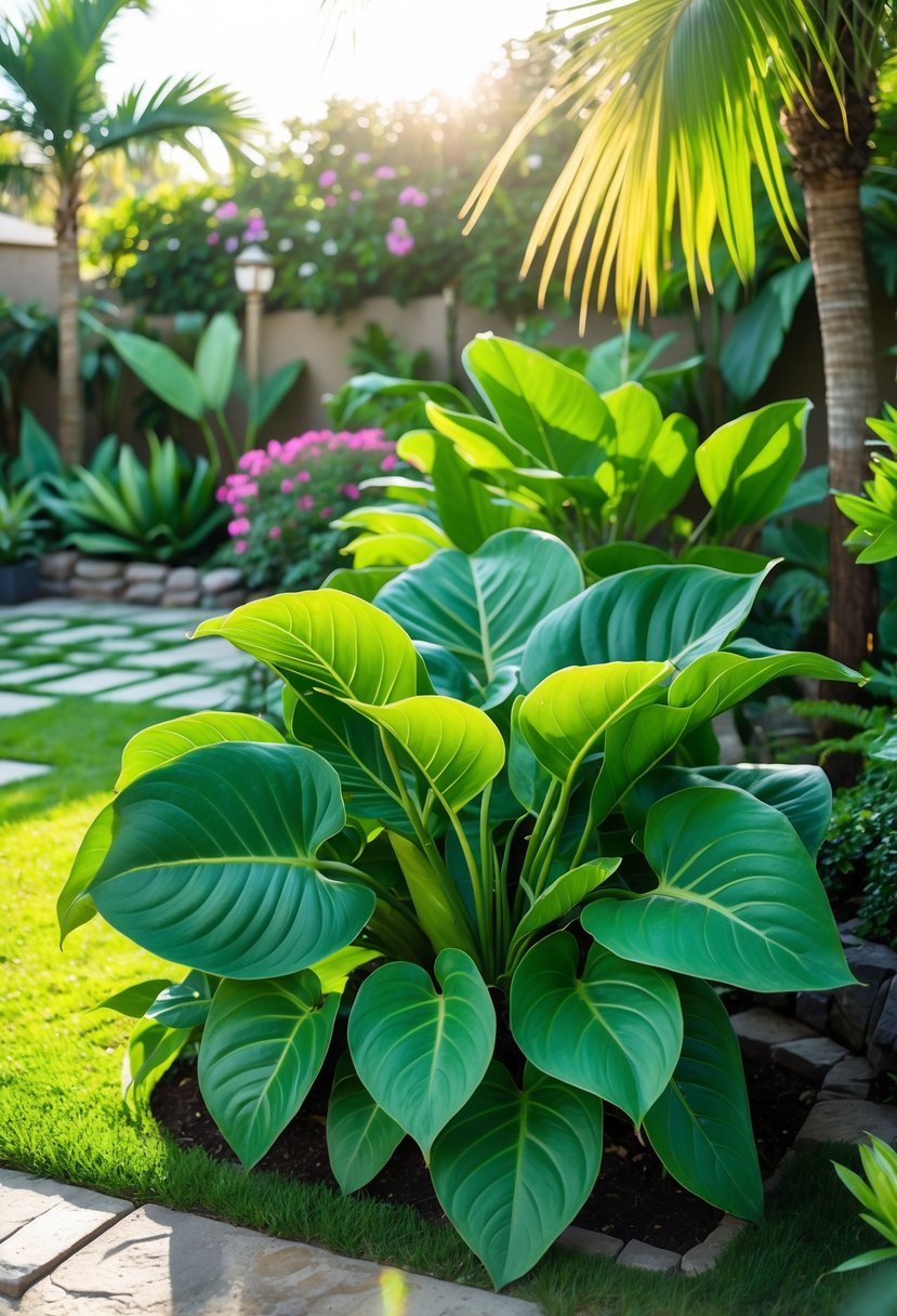 A tropical backyard garden with large green Elephant Ear plants surrounded by other lush tropical foliage and stone pathways under sunlight.