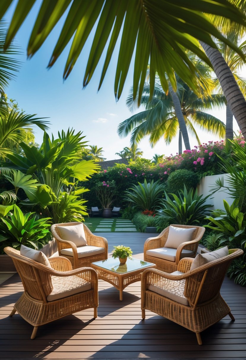 A backyard with rattan patio furniture surrounded by tropical plants and palm trees under a clear sky.