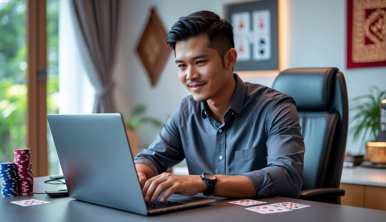 Seorang pria muda Indonesia sedang bermain poker online di laptop di sebuah ruang kerja yang nyaman dengan dekorasi tradisional Indonesia.