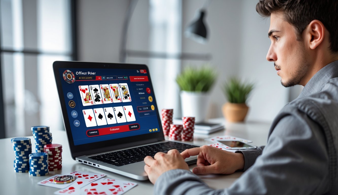 Seorang pemula sedang belajar bermain poker online di depan laptop dengan chip poker dan kartu di meja.
