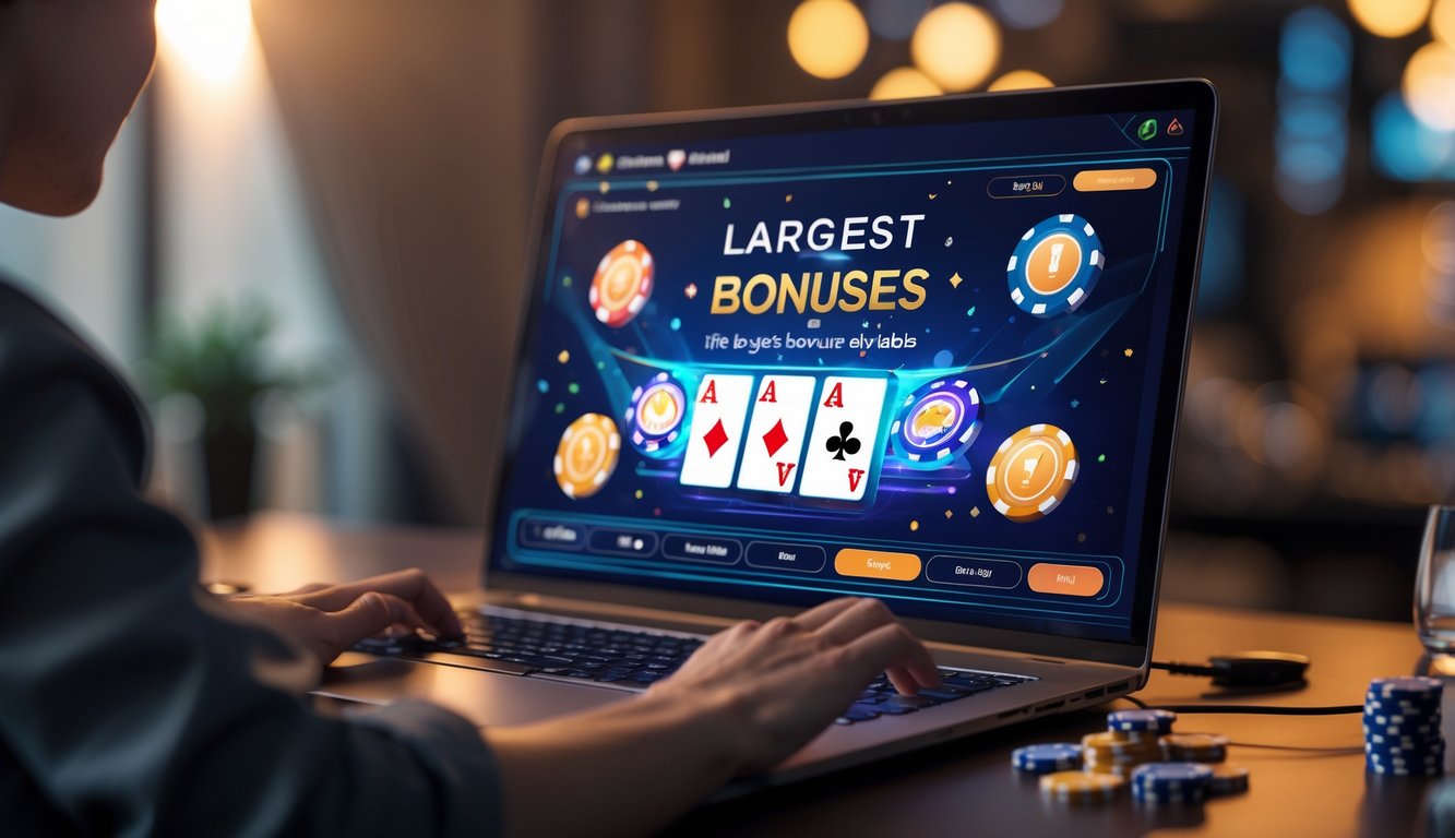 Seseorang sedang bermain poker online di komputer dengan tumpukan chip dan kartu bermain di layar.