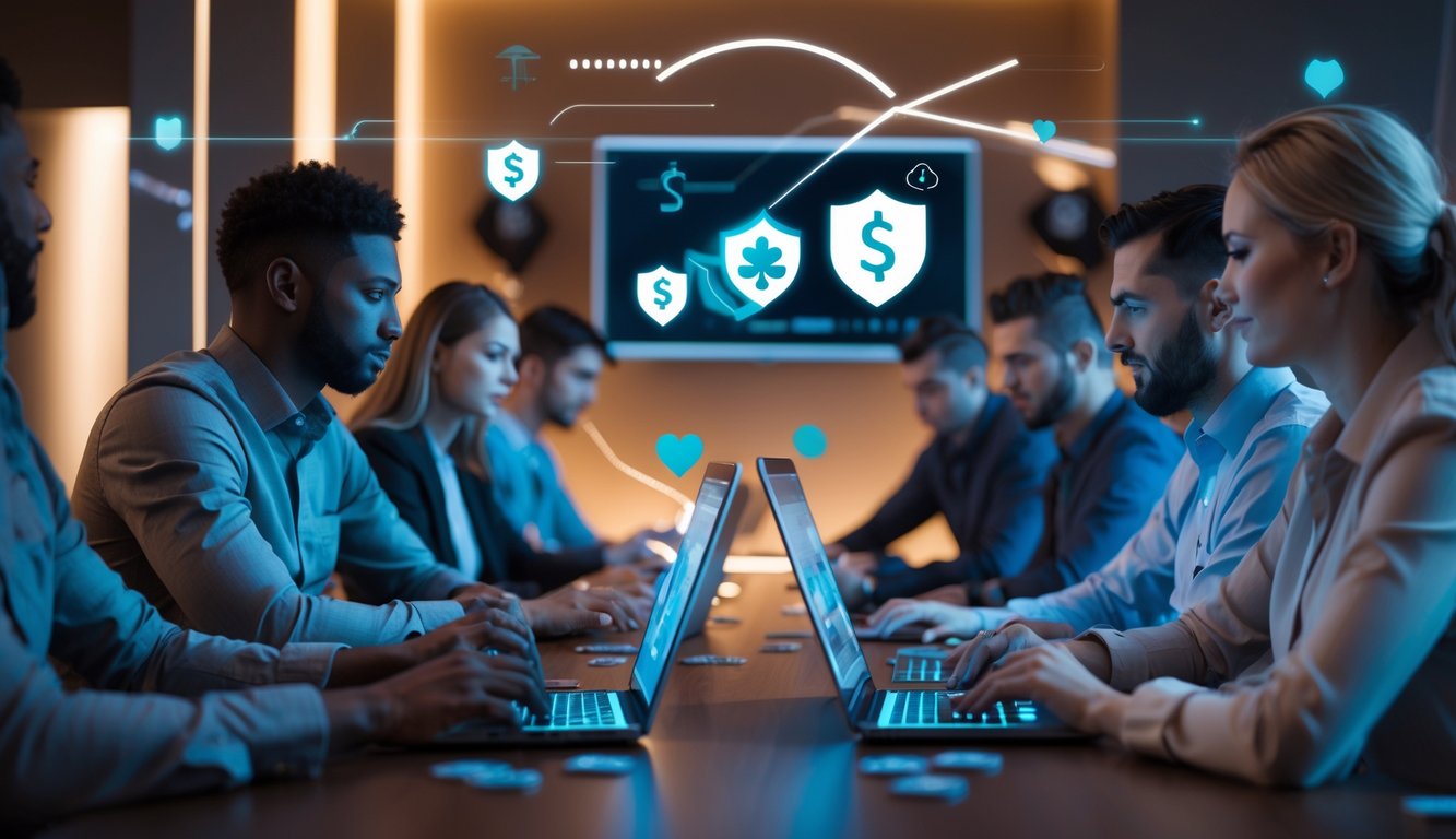 Orang-orang bermain poker online dengan perangkat elektronik di ruangan yang terang dan modern, menampilkan suasana aman dan cepat dalam pembayaran.