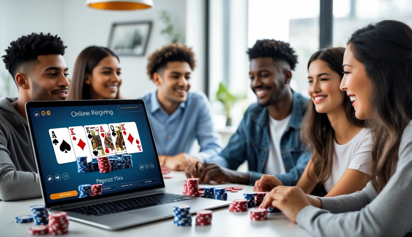 Orang-orang muda duduk di meja dengan laptop dan kartu poker, bermain poker online dengan suasana ceria dan nyaman.