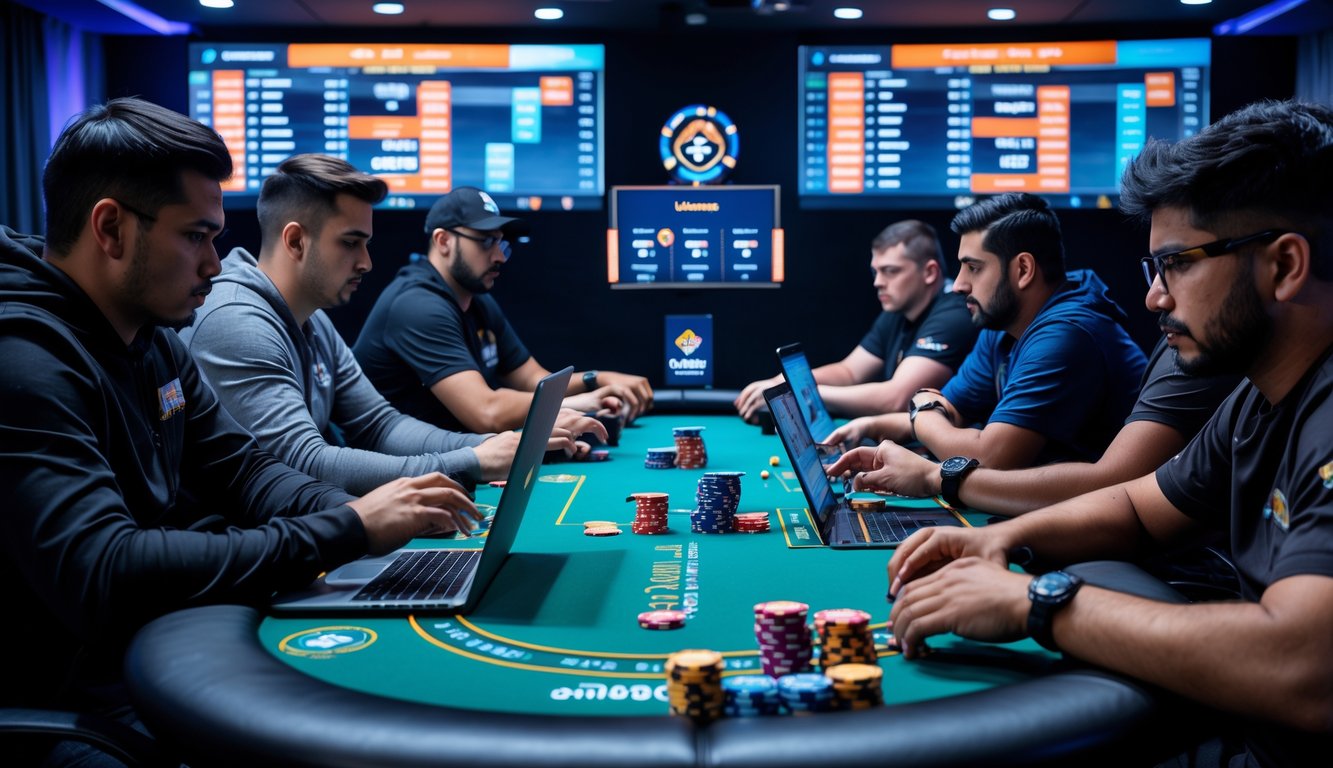 Beberapa pemain poker sedang fokus bermain dalam turnamen poker online di meja dengan perangkat digital dan tumpukan chip.