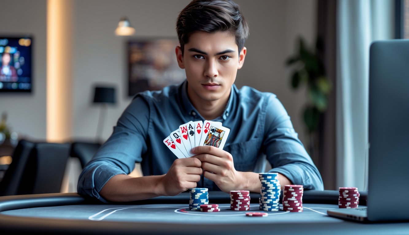Seorang dewasa muda duduk di meja poker dengan kartu dan tumpukan chip, fokus bermain poker online.