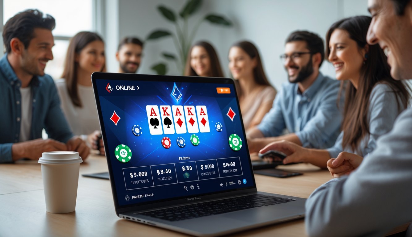 Orang-orang bermain poker online dengan komputer di meja yang rapi dan suasana yang ceria.