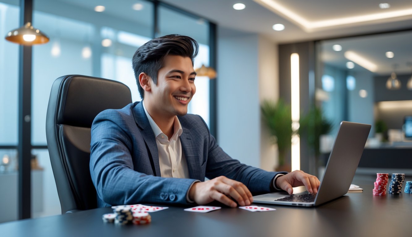 Seorang dewasa muda duduk di meja dengan laptop, bermain poker online dengan tumpukan chip dan kartu di meja, terlihat fokus dan senang.