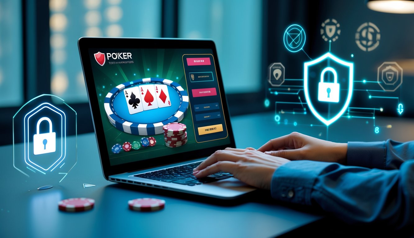 Seseorang menggunakan laptop dengan tampilan permainan poker online dan simbol keamanan digital di latar belakang.