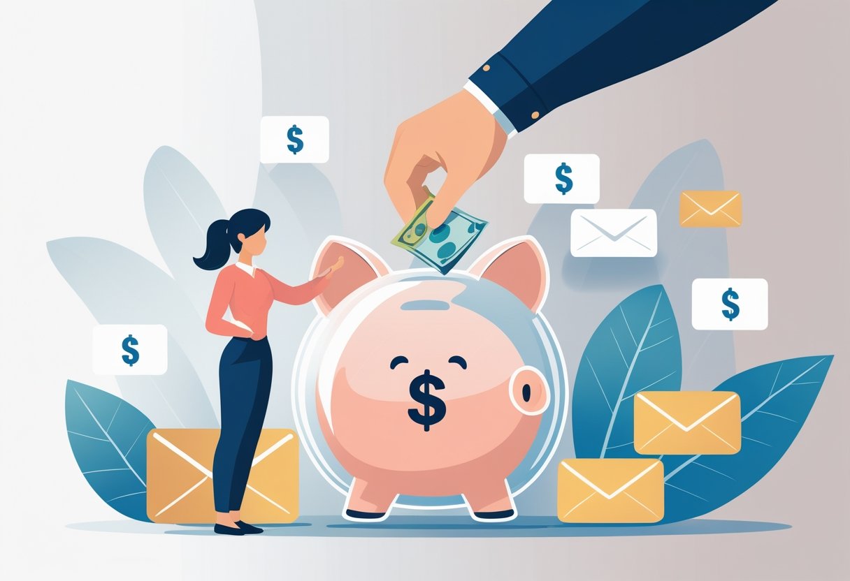 A person placing money into a large piggy bank with icons of bills and expenses behind it, illustrating saving money first before spending.